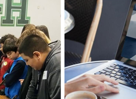 A photo collage with students looking at collections items in front of a presenter and an image of a laptop with the words "Zoom Webinar" on it.