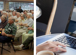 A photo collage including an image of a crowd of people seated and a laptop with the words "Zoom Webinar" on it.
