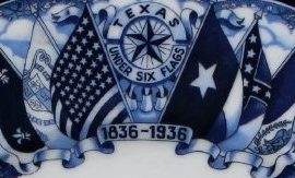 A design of the six flags of Texas and the Texas star in blue ink on a white background. The years printed in the design are 1836-1936.