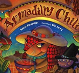 armadillo in cowgirl hat with bowl of chili