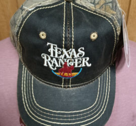 logo embroidered on dark brown hat with camo backing