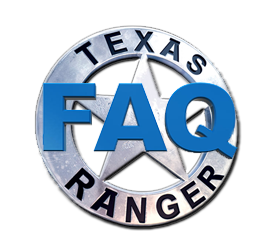 blue FAQ font over silver Texas Ranger badge