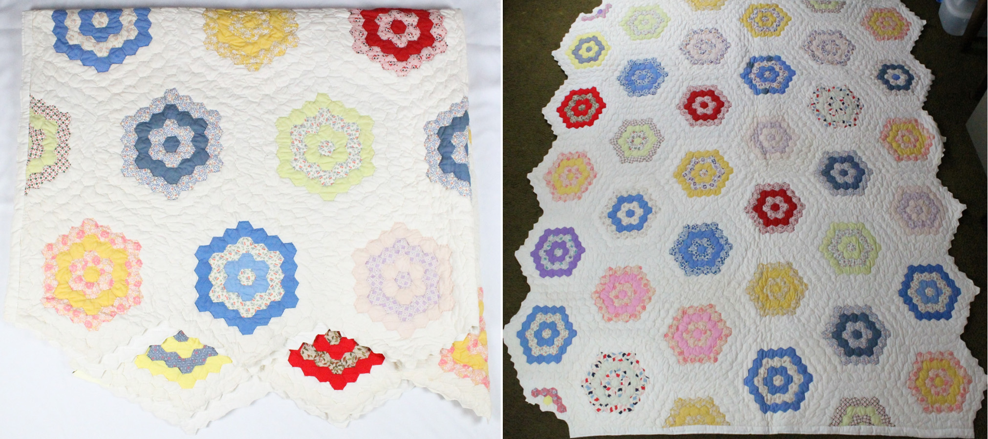 quilt of various colorful hexagonal circles