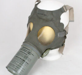 gray gas mask with straps and clear eye holes