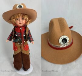 Vintage Shirley Temple doll with curly yellow hair and cowboy outfit