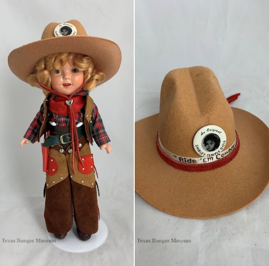 Vintage Shirley Temple doll with curly yellow hair and cowboy outfit