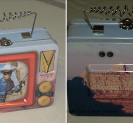 Lone Ranger lunchbox with red television screen, dials and antennae as handle