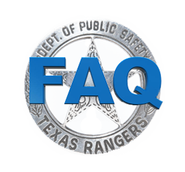 blue FAQ font over silver Texas Ranger badge